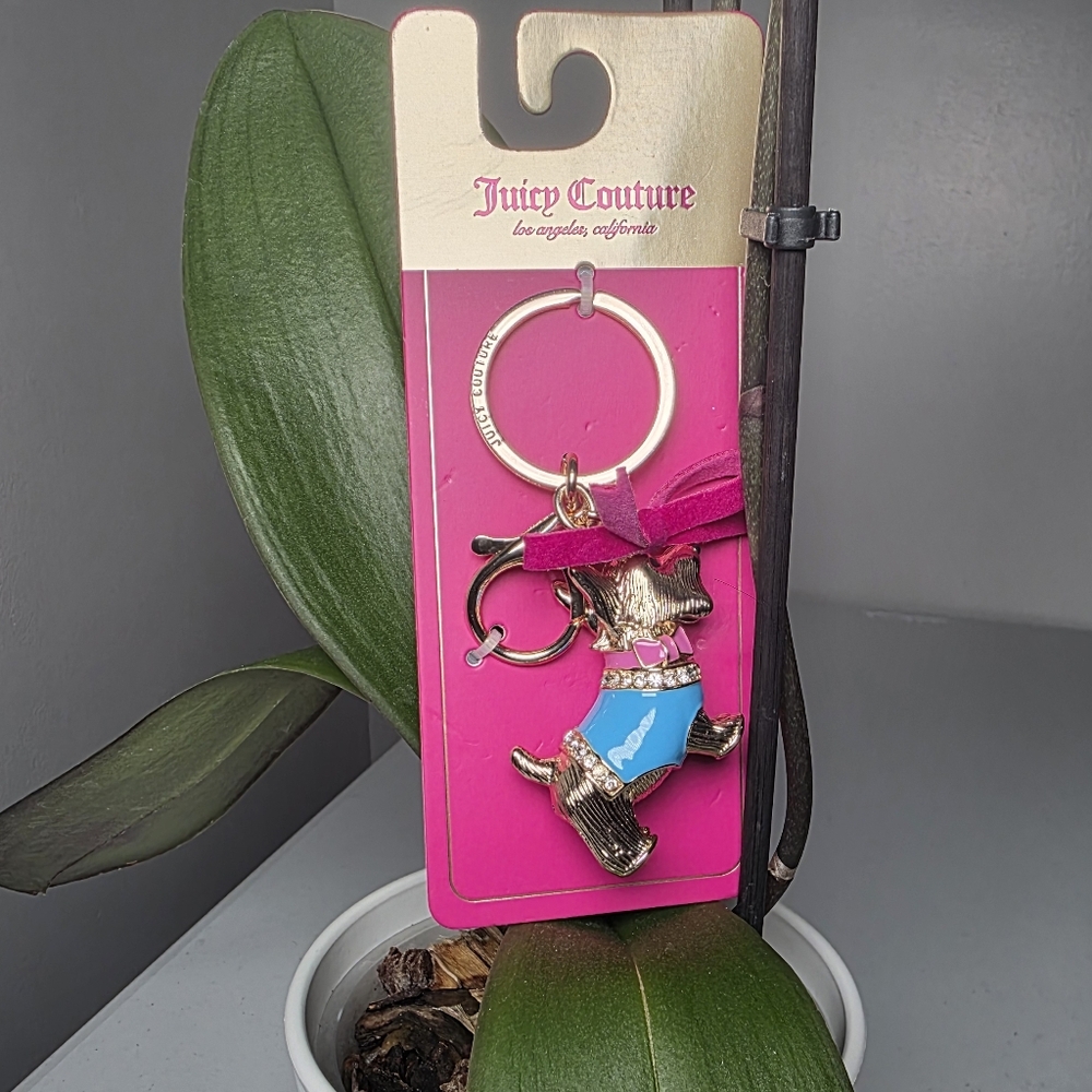 Juicy Couture Gold Dog Keychain with Blue and Pink Accents